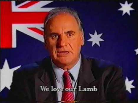 Sam Kekovich says We Love Our Lamb in front of Australian flag