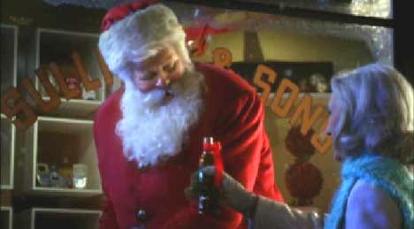 Woman gives a bottle of Coca-Cola to Santa