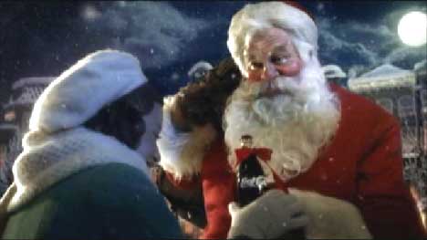Santa gives a bottle of Coca Cola to a young girl
