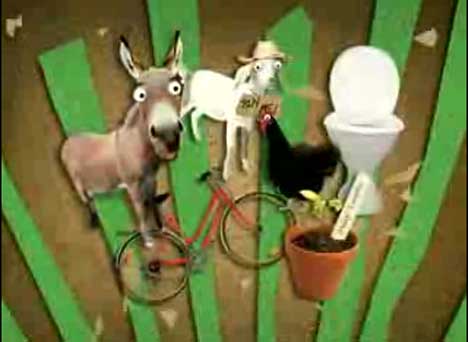 Donkey, goat, chicken, bicycle, toilet in Oxfam TV ad
