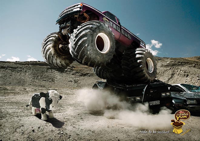 Calci-Yum cow about to be squished by USA Taurus Monster Truck