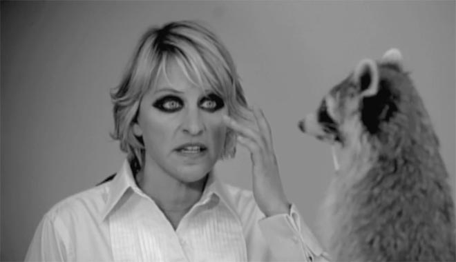 Ellen DeGeneres with raccoon eyes in American Express TV ad