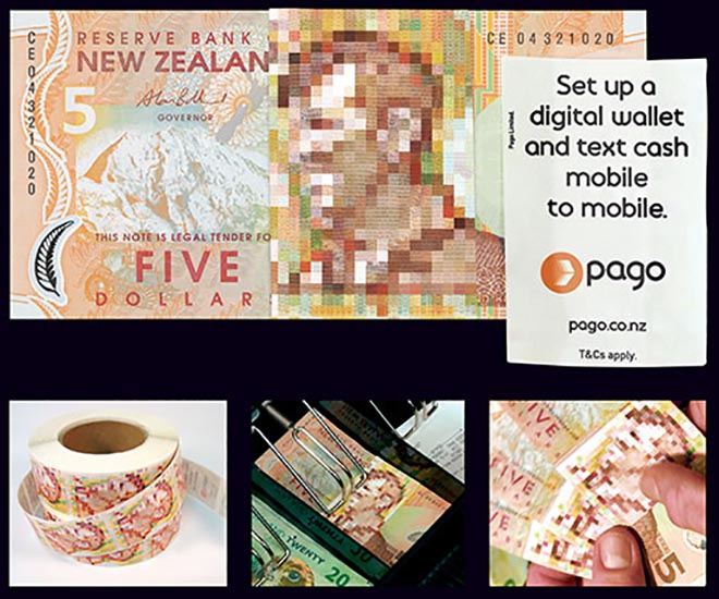 ASB Pago stickers on five dollar notes