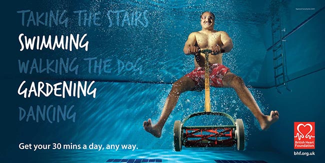 Man and mower in swimming pool in BHF poster