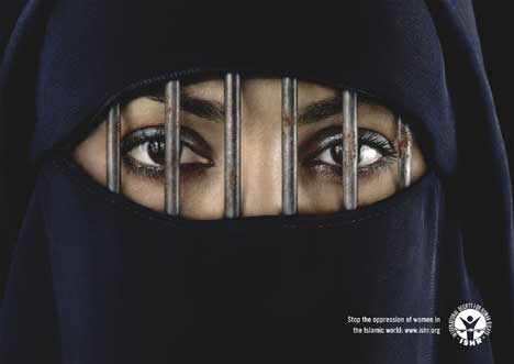 Women in burka behind bars in ISHR print advertisement