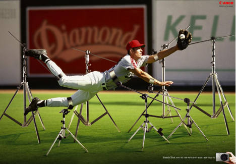 Baseball player in Canon Ixus print advertisement