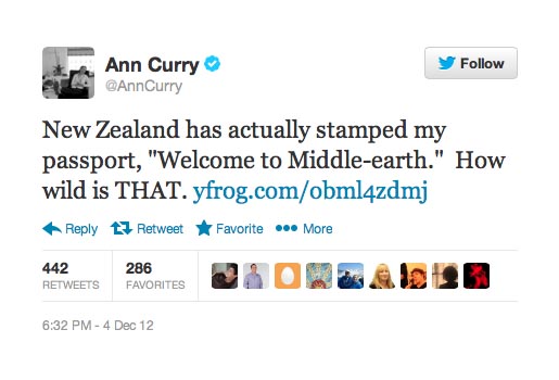 Ann Curry Twitter Middle Earth Passport Stamp Facebook photo