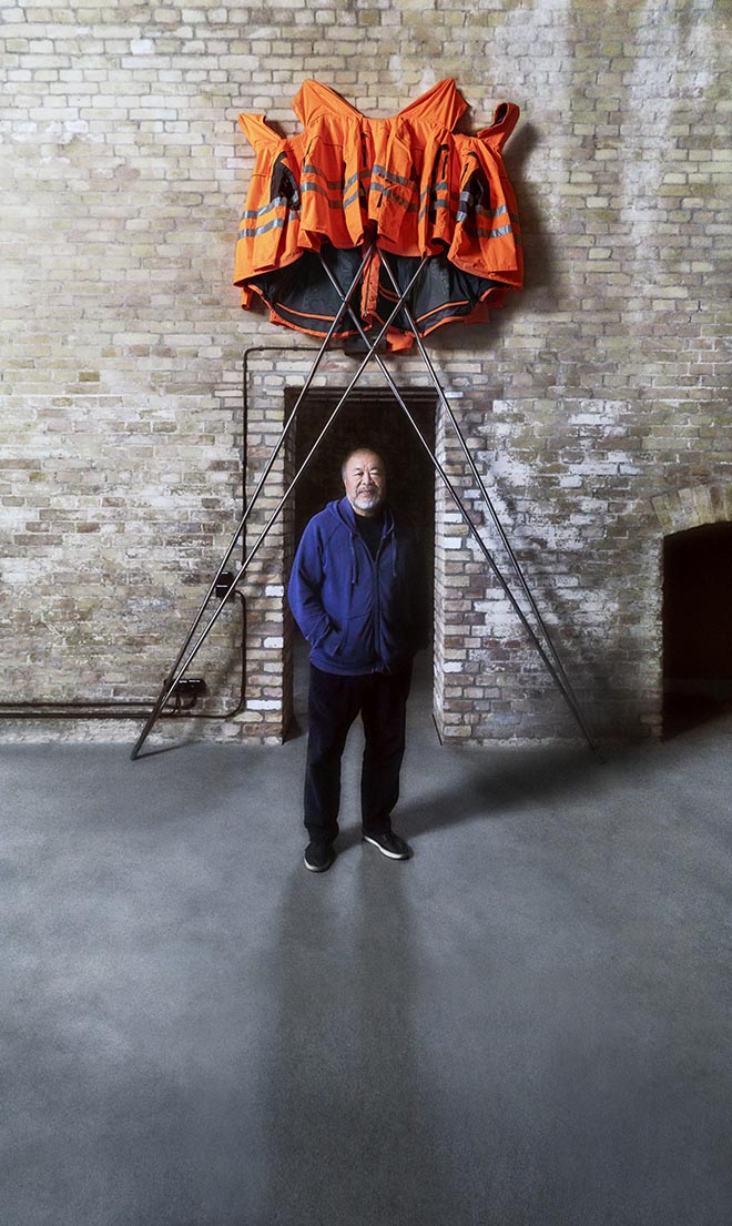 Ai Weiwei in Hornbach Safety Jackets Zipped the Other Way campaign