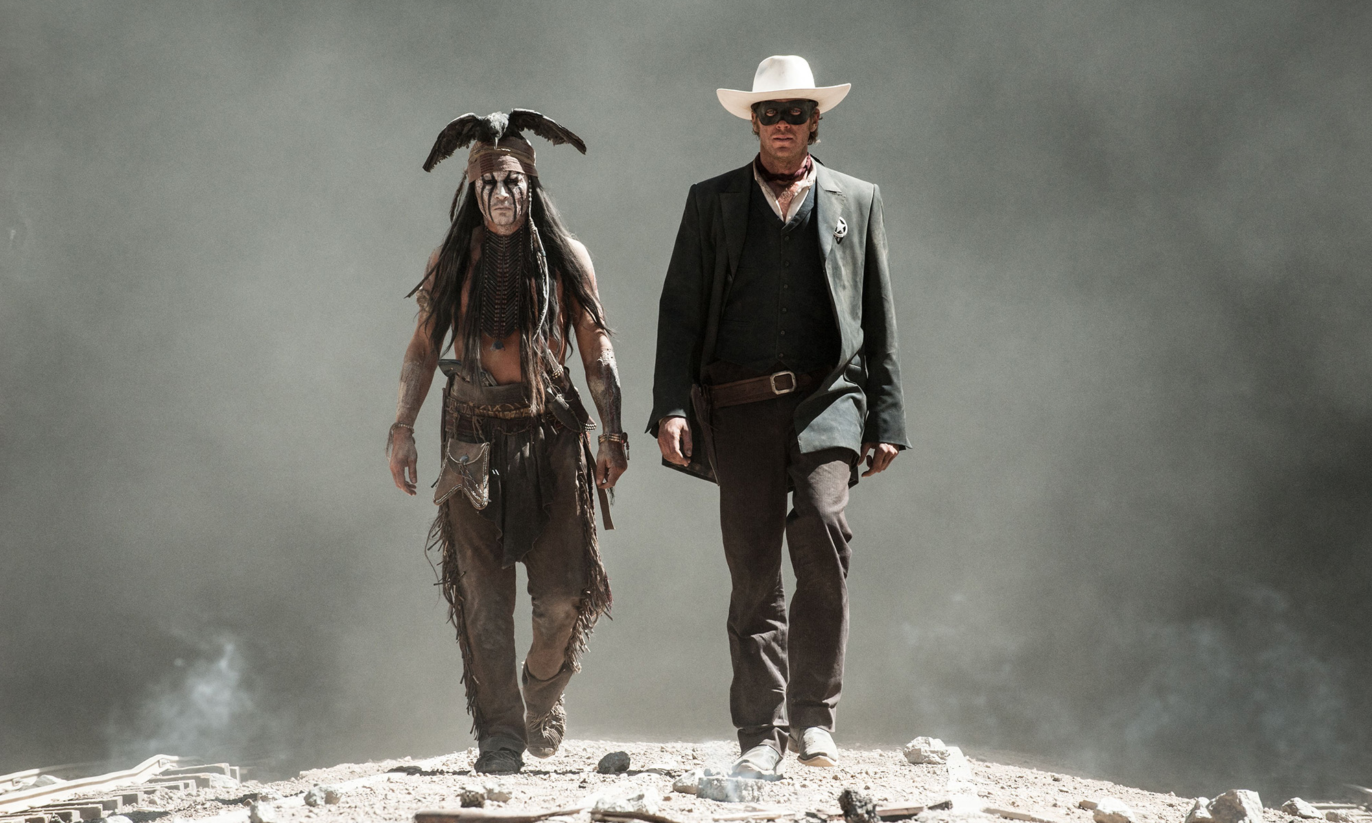 Tonto and the Lone Ranger walking in 2013 film